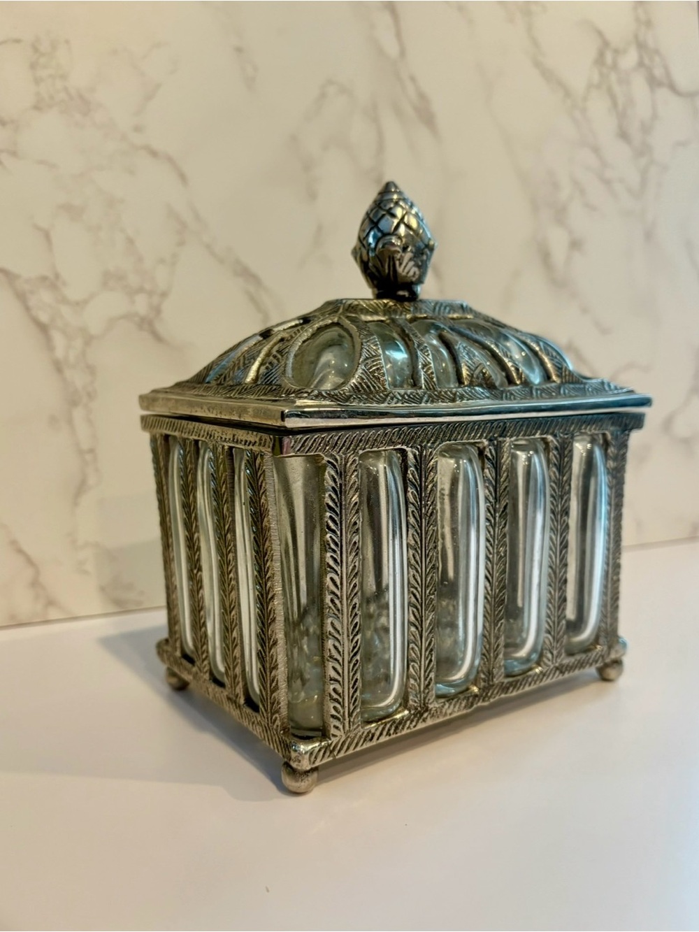 Vintage Silver Toned Bubble Glass Lidded Box
